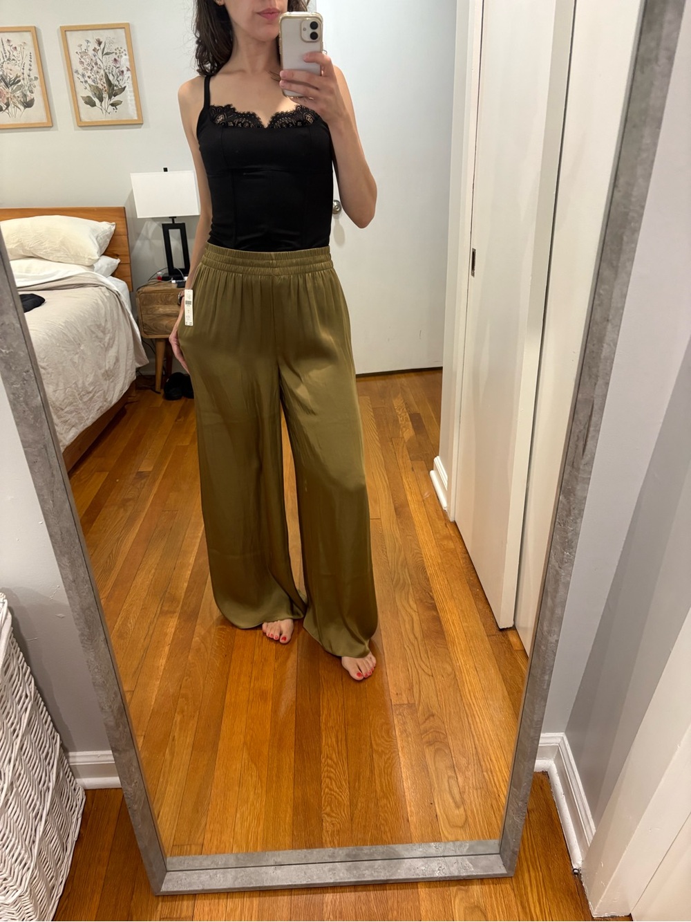 NWT Maeve Wide-Leg Satin Pants in Olive - Picture 2 of 7